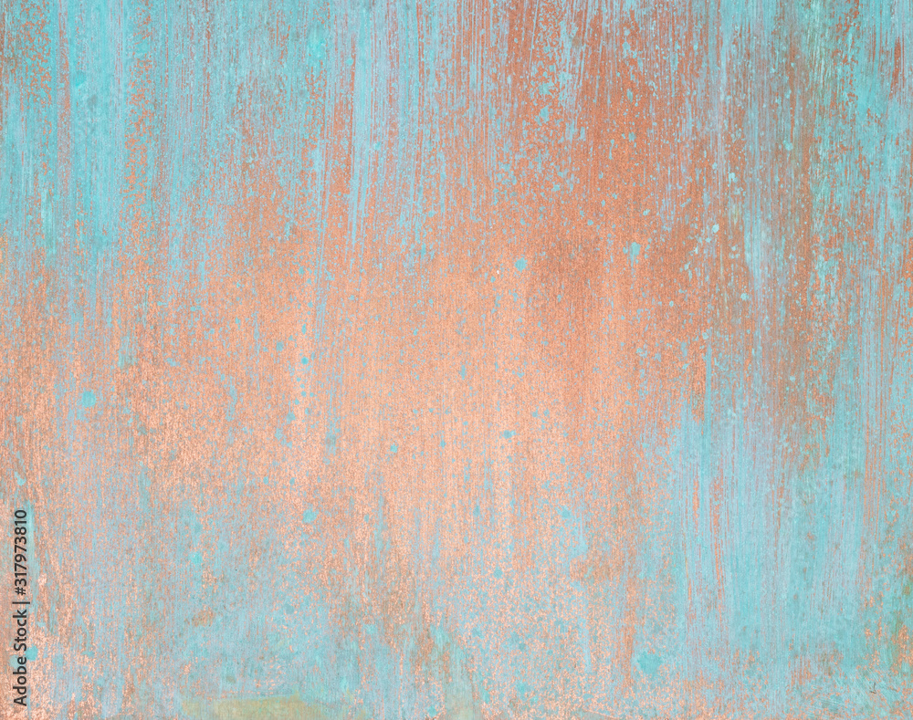 The texture of the copper background is covered with a patina