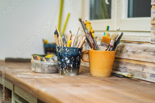 dirty, wooden, closeup, education, craft, color, paintbrush, decoration, brush, tool, interior, set, palette, hobby, artist, equipment, colorful, paint, design, background, art, hand made, shallow, de