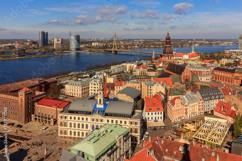 Panorama view from Riga cathedral on old town of Riga, Latvia. Vecrīga (Latvian: Old Riga) is the historical center of Riga, Latvia, located on the east side of Daugava River.