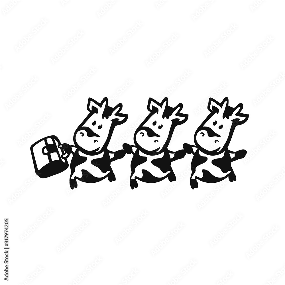 Happy cow. Funny smiling character illustration. Milk symbol set. Cheerful dancing cow with flower