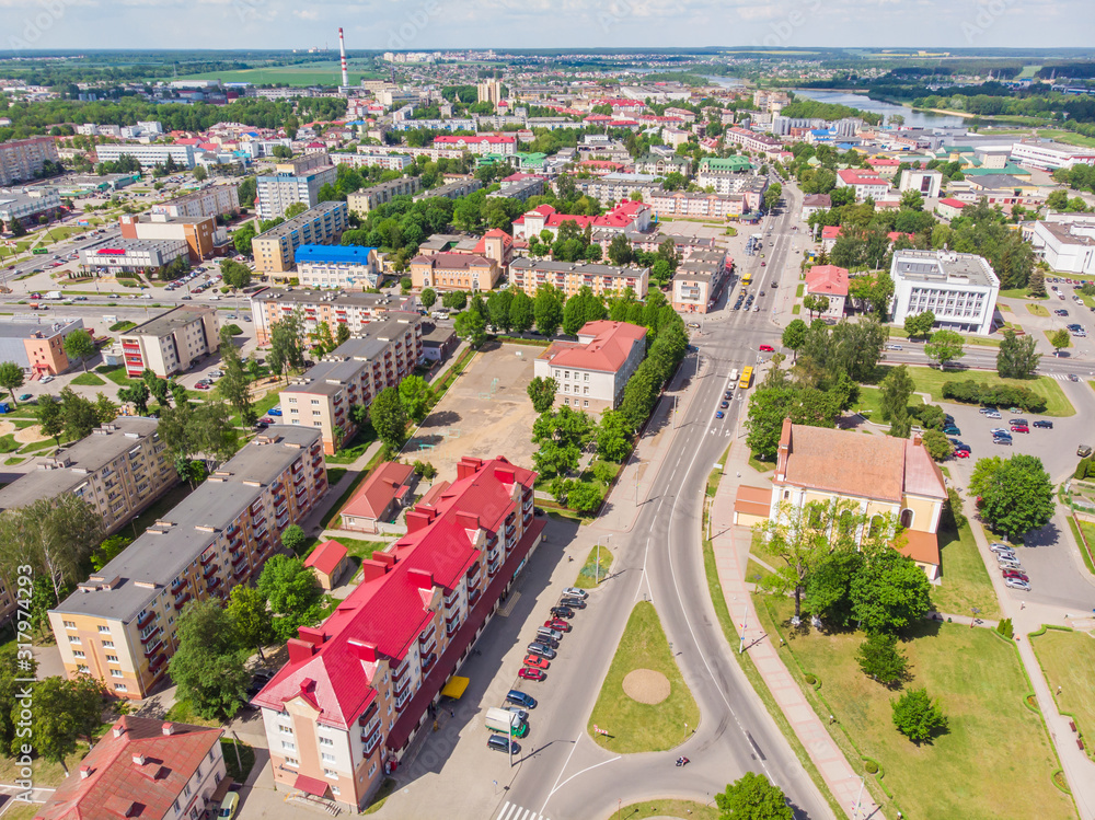 Summer aerial panorama of the city of Lida. Belarus.
