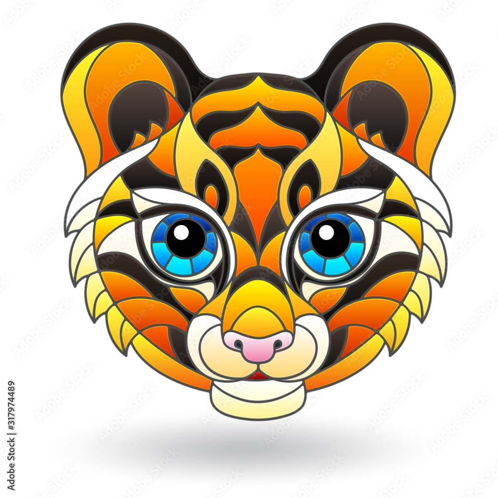 Fototapeta premium Illustration with stained glass element with animal face, cute tiger, isolated on white background