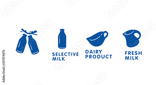 Dairy product. Milk icon set.  Milk organic logo collection with different ideas and shapes. Milk splashes with text vector Illustrations photo