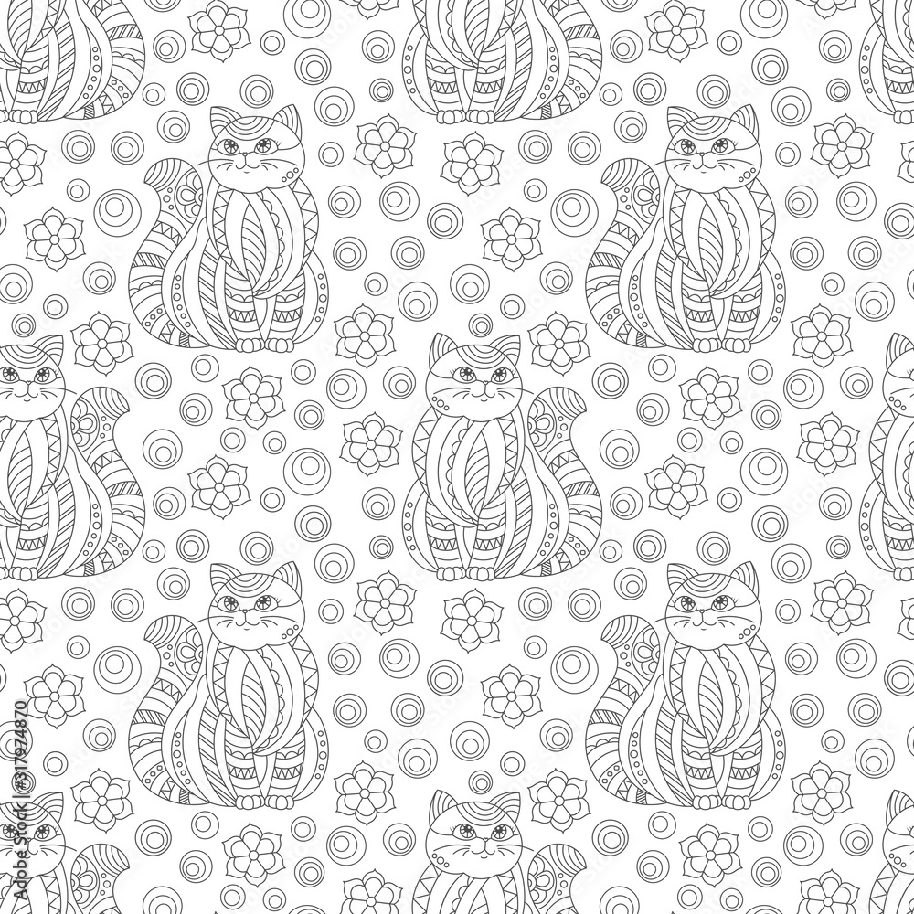 Seamless pattern with  cats and flowers in stained glass style , dark outlines on a white  background