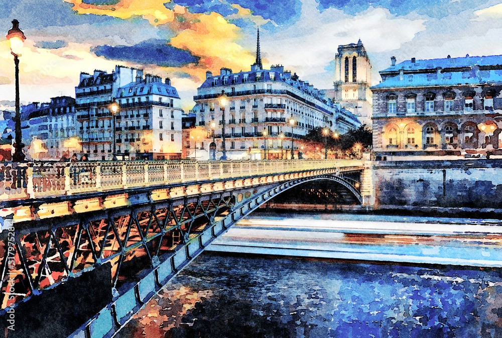 Beautiful Digital Watercolor Painting of the streets in Paris, France.	