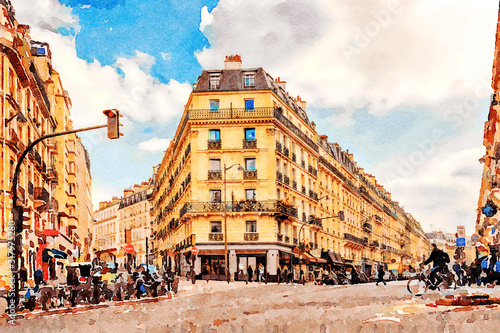 Beautiful Digital Watercolor Painting of the streets in Paris, France.	