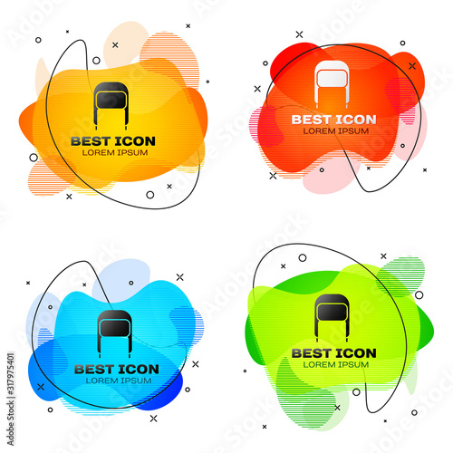 Black Winter hat with ear flaps icon isolated on white background. Set abstract banner with liquid shapes. Vector Illustration