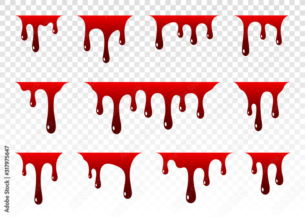 Dripping blood. Paint dripping. Dripping liquid. Paint flows. Current paint, stains. Current drops. Current inks. Vector illustration. Color easy to edit. Transparent background.