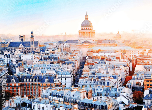 Beautiful Digital Watercolor Painting of the Pantheon in Paris, France.	