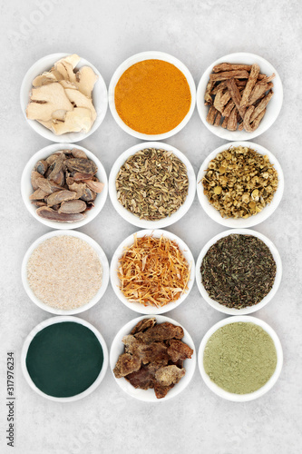 Herbs and spice used in chinese herbal medicine to treat irritable bowel syndrome with dietary supplement powders. Flat lay. 