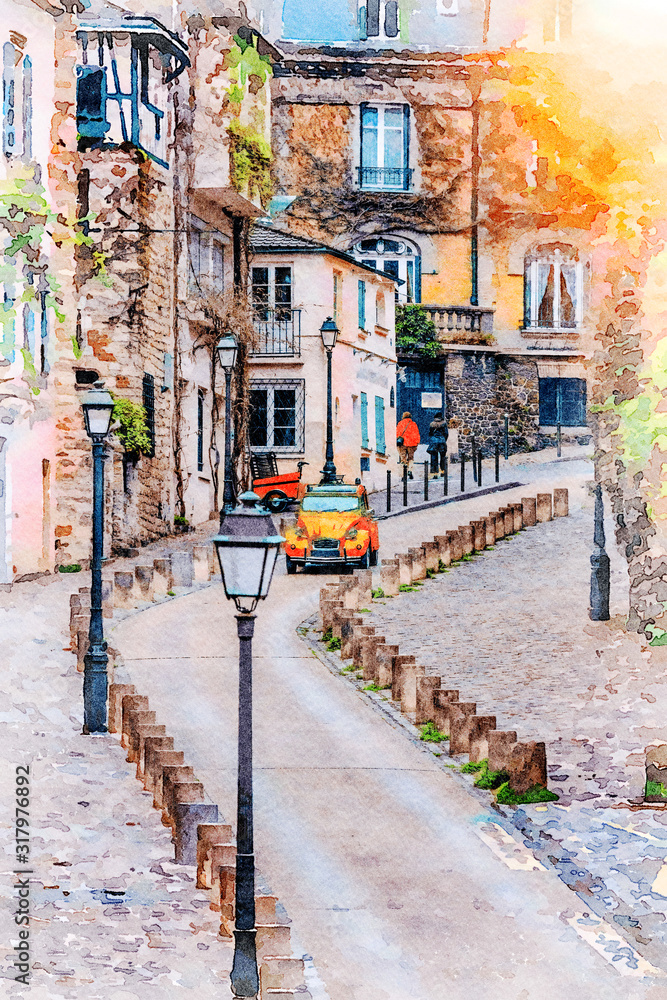 Beautiful Digital Watercolor Painting of the Montmartre Streets in Paris, France.