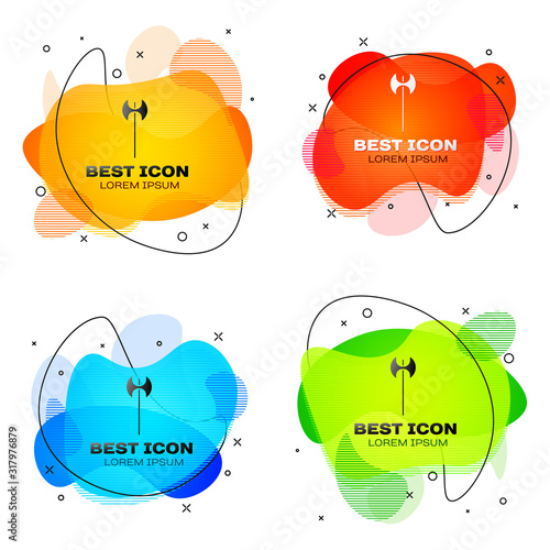 Black Medieval axe icon isolated on white background. Battle axe, executioner axe. Medieval weapon. Set abstract banner with liquid shapes. Vector Illustration