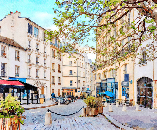 Beautiful Digital Watercolor Painting of Paris, France.	