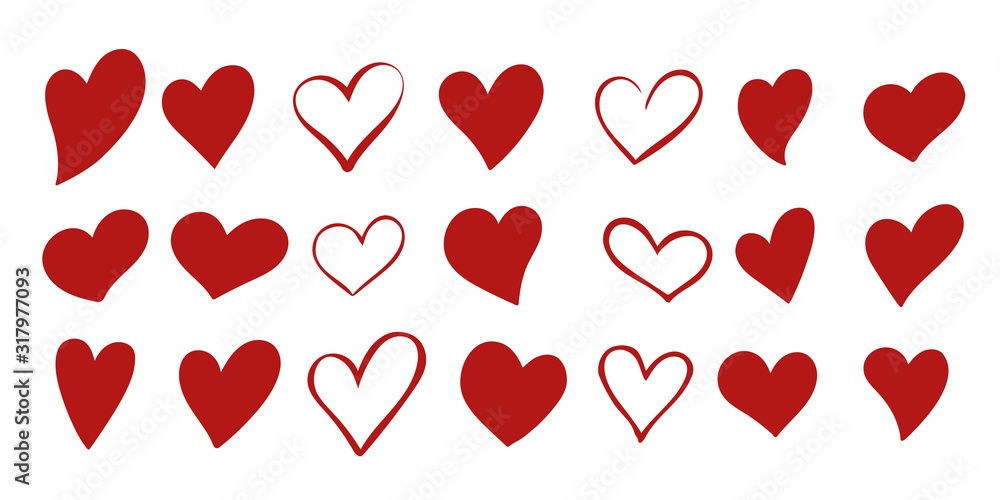 Fototapeta Set of 21 different simple red hearts isolated on white for Valentines day card or t-shirt design. Hand drawn style. Vector illustration.