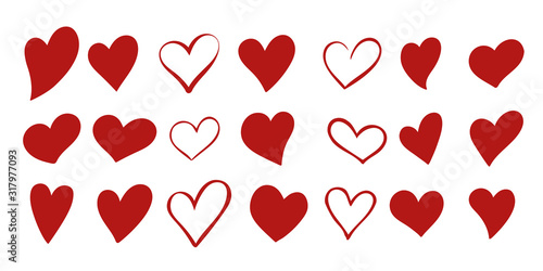 Set of 21 different simple red hearts isolated on white for Valentines day card or t-shirt design. Hand drawn style. Vector illustration.