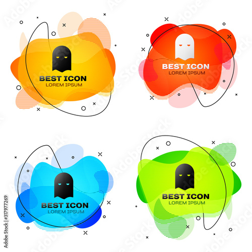 Black Executioner mask icon isolated on white background. Hangman, torturer, executor, tormentor, butcher, headsman icon. Set abstract banner with liquid shapes. Vector Illustration