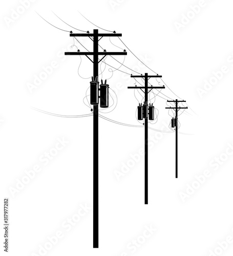 Power supply of residential buildings. A row of pillars on the street. Transformers and wires on poles. U.S. street.