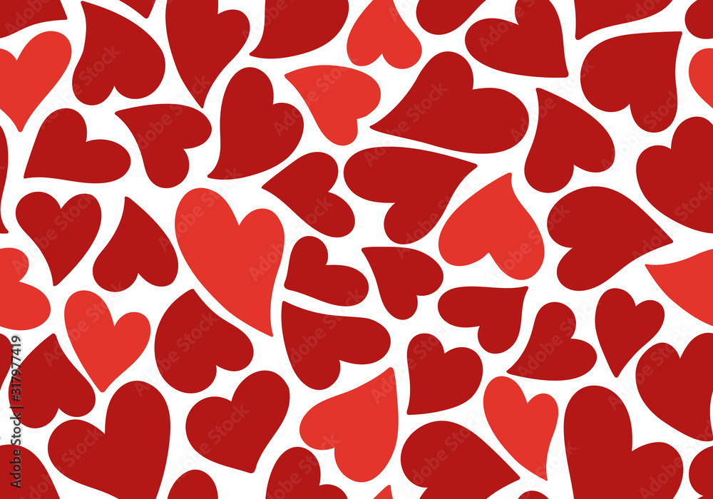 Seamless pattern of simple red hearts isolated on white for wrapping paper or fabric. Hand drawn style. Vector illustration. - obrazy, fototapety, plakaty 