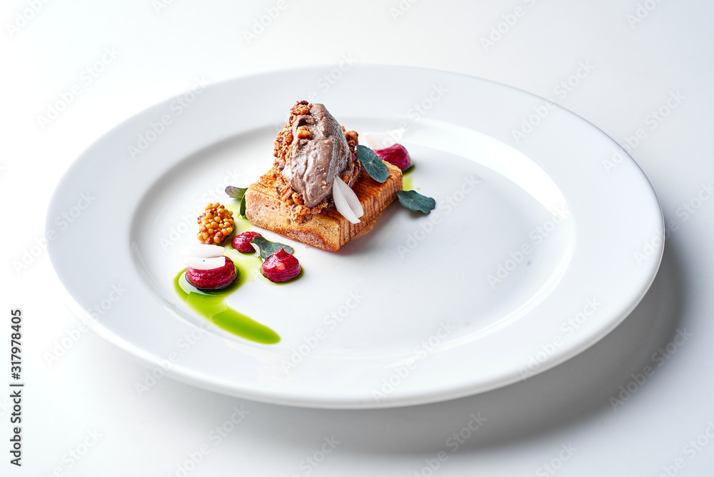 Set Food Menu On A White Plate. Top view of light dish perfect served. Set Food Menu On A White Plate. Top view of light dish perfect served.