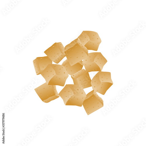 Croutons isolated on white background. Portion of crackers or croutons. Fried bread pieces top view. Crispy bread. Baked bread chips pile. Salty snack food. Vector illustration, flat style, clip art. 