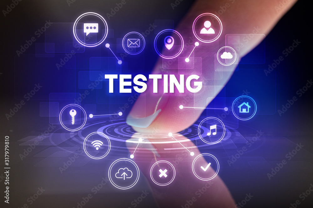 Finger touching tablet with web technology icons and TESTING inscription, web technology concept Finger touching tablet with web technology icons and TESTING inscription, web technology concept