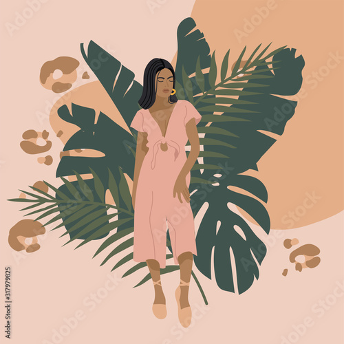 Vector illustration fashion girl in modern outfit with tropical plants. Concept of beauty and mental, femininity.