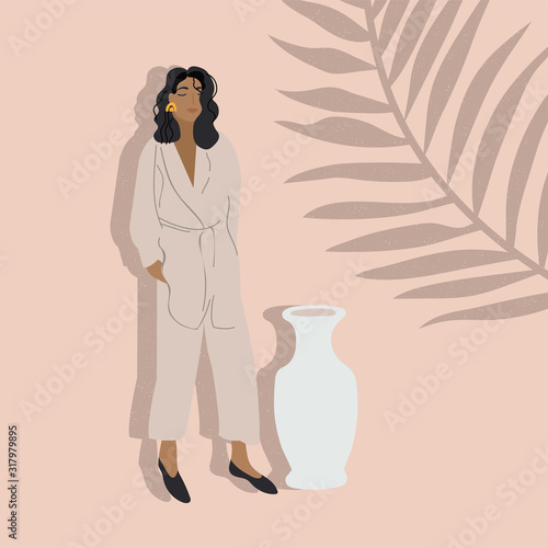 Vector illustration fashion girl in modern outfit with tropical plants. Concept of beauty and mental, femininity.
