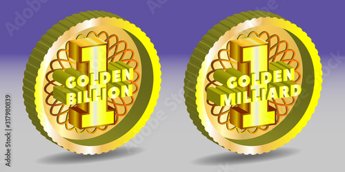 Set 3D round yellow icons golden billion