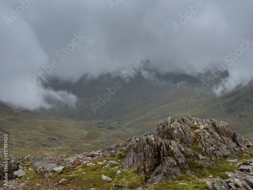 Rock party with lichen in the foreground on the Snowdonia mountain in Wales