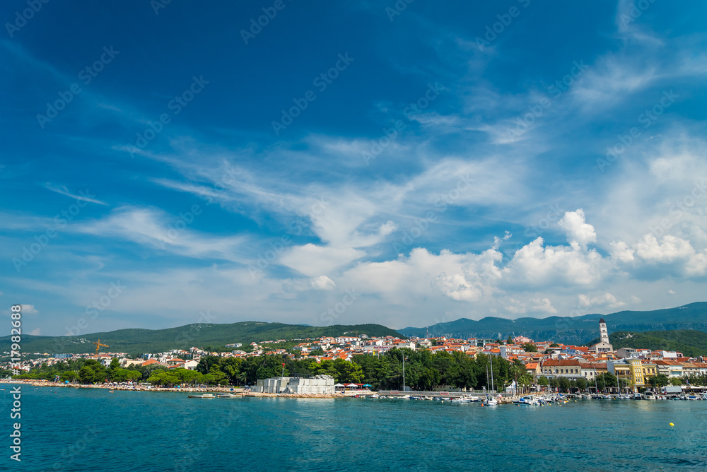 Panoramic view of Crikvenica under blue sky. Crikvenica is a popular holiday resort in Kvarner riviera in Croatia