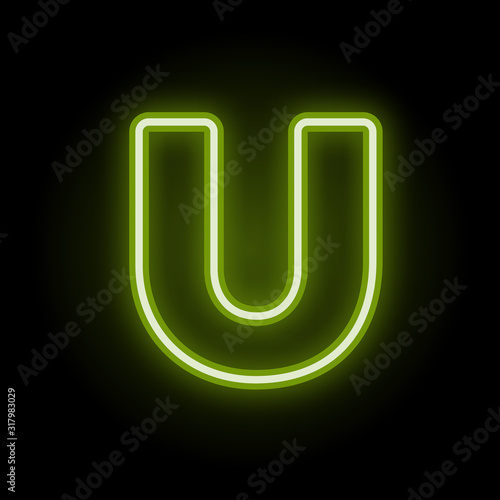 Green neon letter U with glow on black background. Blur effect is made with mesh. Vector illustration
