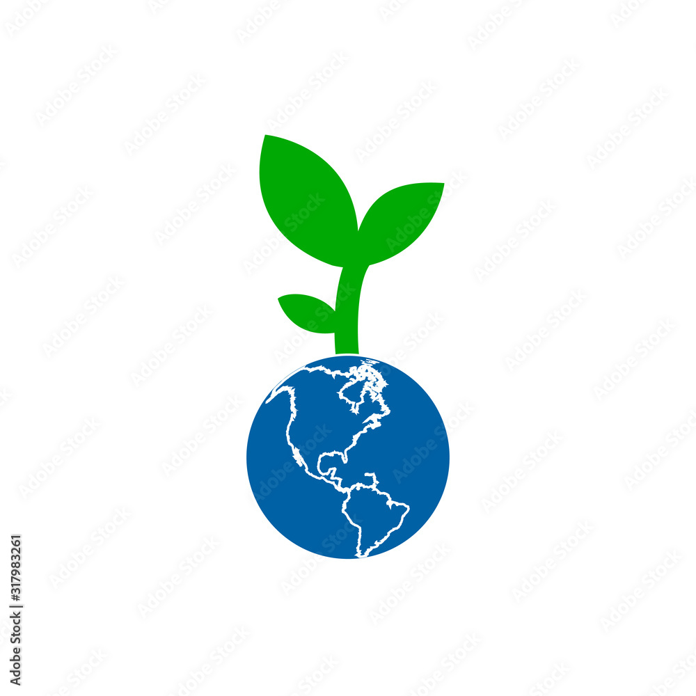 Blue world globe with green leaves. Stock vector illustration isolated on white background. Blue world globe with green leaves. Stock vector illustration isolated on white background.