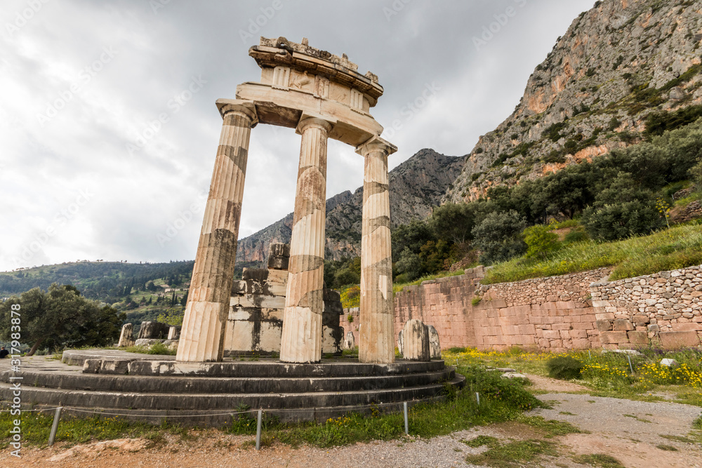 Delphi, Greece. The Tholos of Delphi, a circular temple and one of the ancient structures of the Sanctuary of Athena Pronaia
