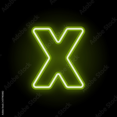 Green neon letter X with glow on black background. Blur effect is made with mesh. Vector illustration