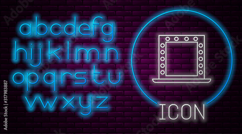 Glowing neon line Makeup mirror with lights icon isolated on brick wall background. Neon light alphabet. Vector Illustration