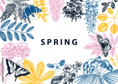 Vector frame with spring trees in flowers illustrations. Hand drawn blooming plant background. Vector flower, leaf, branch, tree sketches template. Spring card or greeting card.