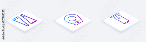 Set Isometric line Rubber flippers for swimming, Diving hood and Flashlight. White square button. Vector