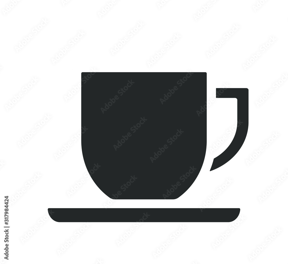 Coffee or tea cup with saucer icon symbol. Cafeteria logo. Vector illustration image. Black silhouette isolated on white background.