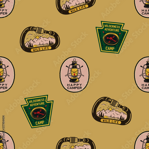 Adventure seamless pattern with camping labels badges. Happy camper text. Travel wallpaper background. Stock vector