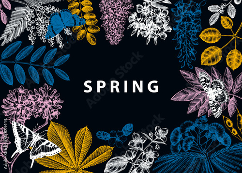 Vector frame with spring trees in flowers illustrations. Hand drawn blooming plant background. Vector flower, leaf, branch, tree sketches template. Spring card or greeting card.