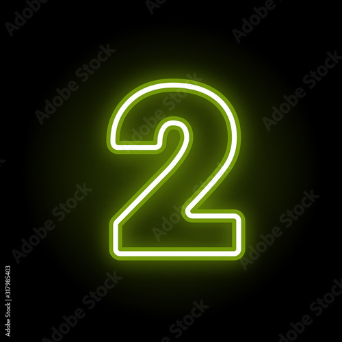 Green neon number 2 with glow on black background. Blur effect is made with mesh. Vector illustration