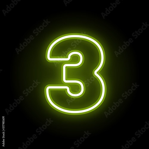 Green neon number 3 with glow on black background. Blur effect is made with mesh. Vector illustration