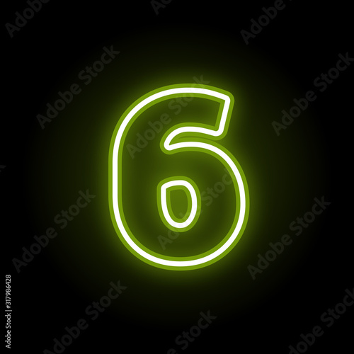 Green neon number 6 with glow on black background. Blur effect is made with mesh. Vector illustration