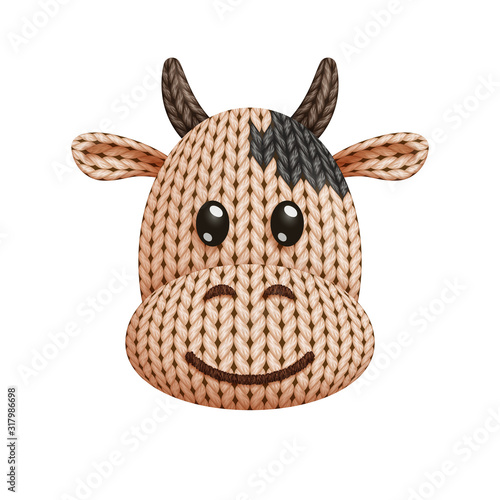 Illustration of a funny knitted cow toy head. On white background