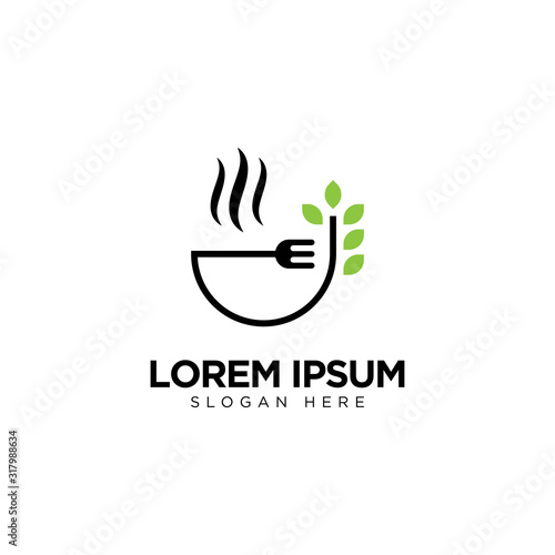 Healthy Food Logo with Fork and Leaf, Restaurant Logo Design Template
