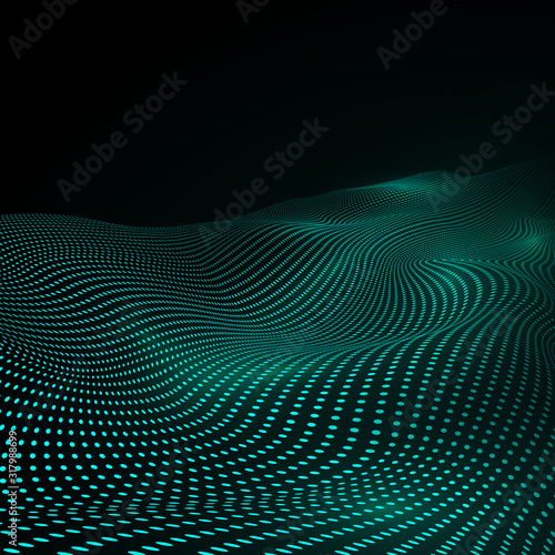 Cyber or technology background in green colors. Warp surface of matter. Abstract digital landscape with flowing particles. Vector illustration