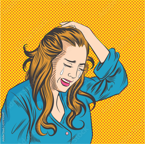 Beautiful woman crying hard.Pop art retro comic book cartoon drawing illustration kitsch vintage