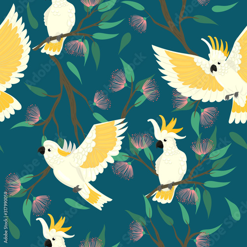 Seamless pattern with cockatoo and flowers. Vector graphics.
