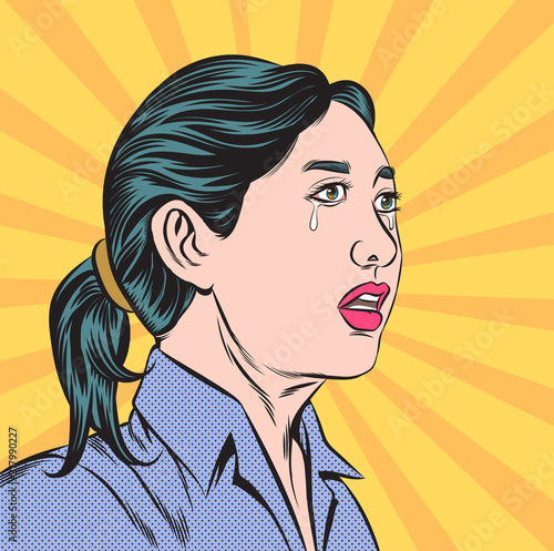 Beautiful woman crying hard.Pop art retro comic book cartoon drawing illustration kitsch vintage