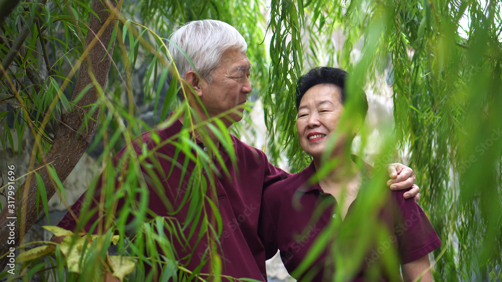 Happy retired Asian senior couple laughing under green willow tree Happy retired Asian senior couple laughing under green willow tree